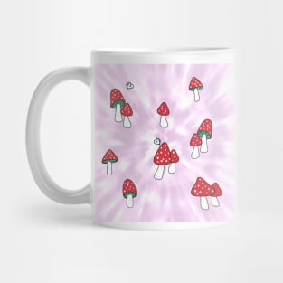 Aesthetic Red Hatted Mushrooms and Butterflies on a Mauve Pastel Tie Dye Background Mug